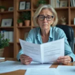 Femme de 50 ans confuse face à des formulaires de remboursement Sécurité sociale pour un scanner TEP
