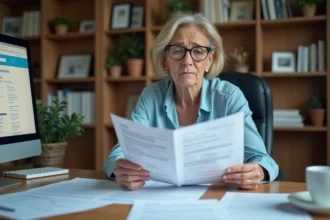 Femme de 50 ans confuse face à des formulaires de remboursement Sécurité sociale pour un scanner TEP