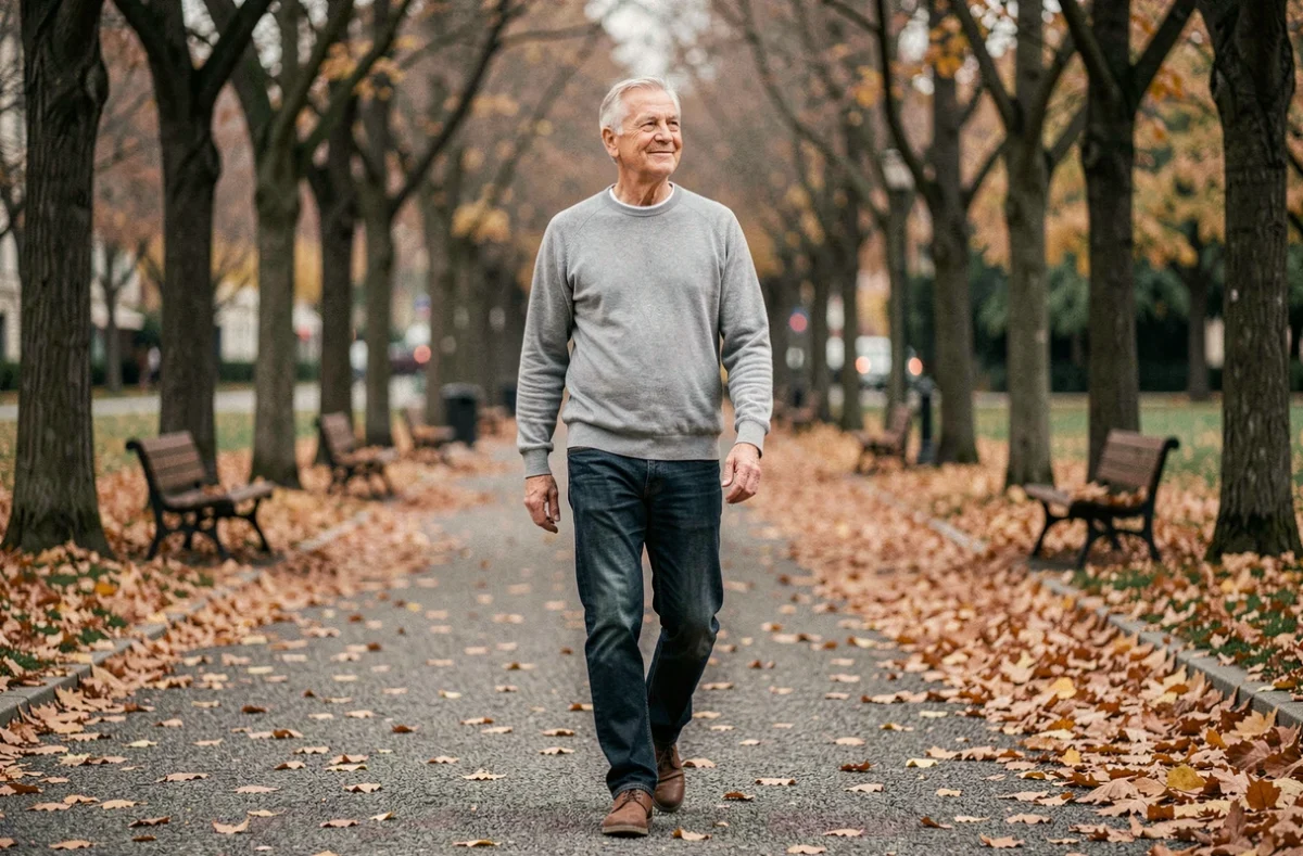 Homme âgé marchant seul dans un parc en automne, illustrant la résilience et l'espoir pour les patients atteints de cancer