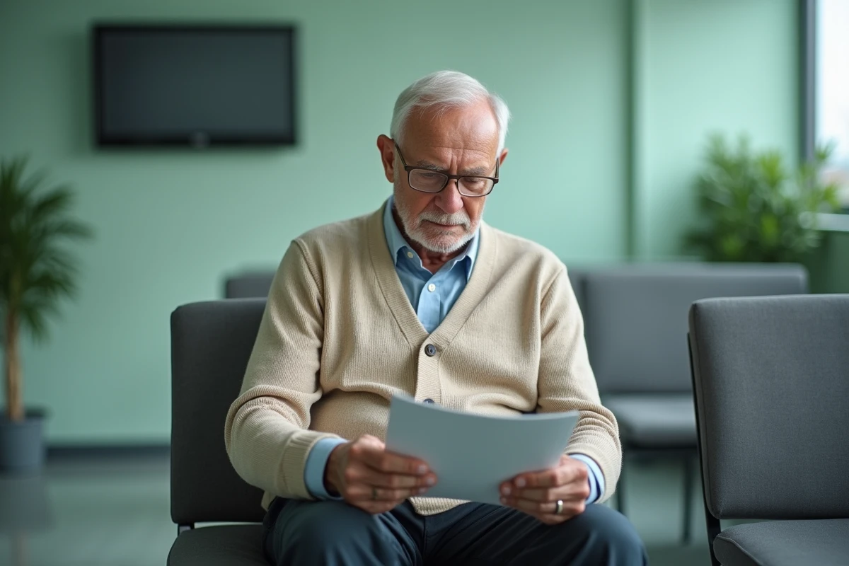 Homme âgé en salle d'attente oncologique tenant une brochure médicale, évoquant l'attente d'un diagnostic de cancer de la mâchoire