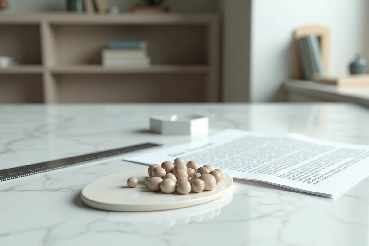 Perles de céramique disposées sur une surface blanche avec documents scientifiques