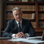 Homme en costume assis à un bureau administratif entouré de documents juridiques, illustrant la confidentialité médicale d'une personnalité publique