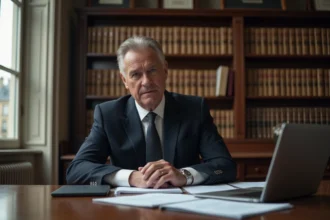 Homme en costume assis à un bureau administratif entouré de documents juridiques, illustrant la confidentialité médicale d'une personnalité publique