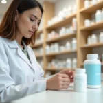 Pharmacienne comparant deux flacons de complément alimentaire pour identifier un produit authentique Nourix d'une contrefaçon