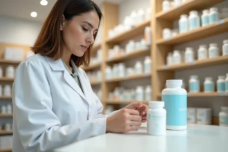 Pharmacienne comparant deux flacons de complément alimentaire pour identifier un produit authentique Nourix d'une contrefaçon