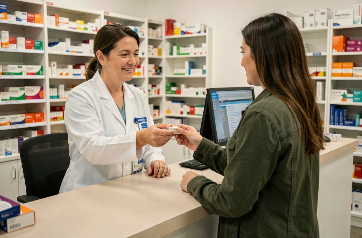 Pharmacienne remettant une boîte de pilule contraceptive à une patiente en pharmacie
