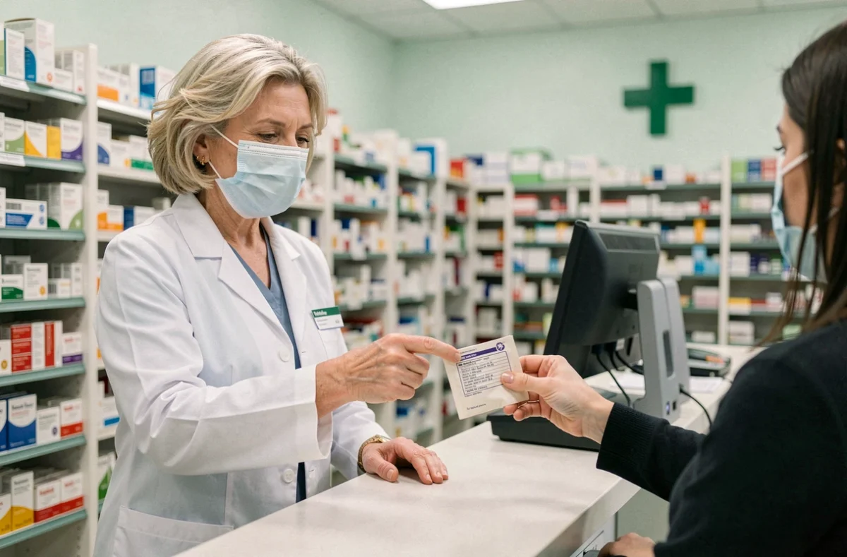 Pharmacienne remettant des médicaments contre la grippe à un patient masqué pour limiter la contagion pendant l'incubation