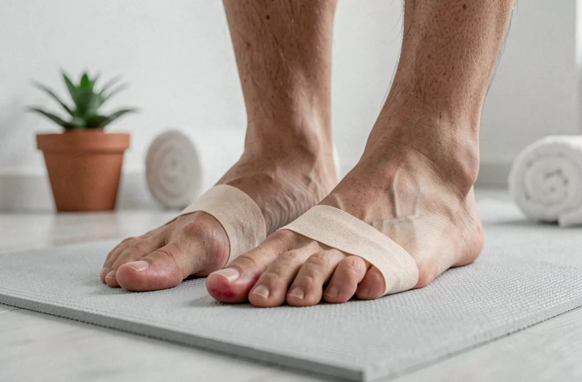 Pieds nus sur tapis de yoga avec bandage sur un orteil enflammé par une bursite