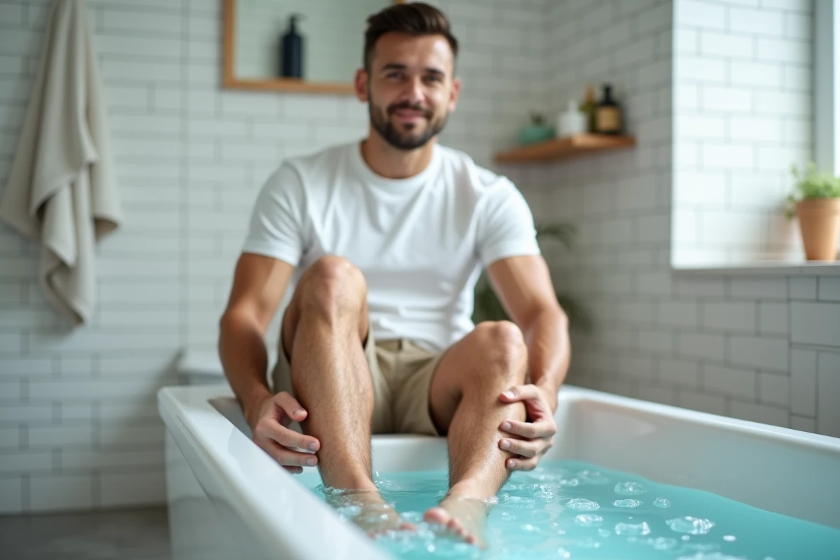 Homme trempant ses pieds gonflés dans un bain d'eau froide à domicile pour soulager l'œdème estival