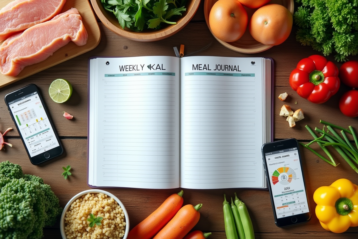 Planificateur de repas hebdomadaire avec aliments sains et smartphone dans une cuisine moderne
