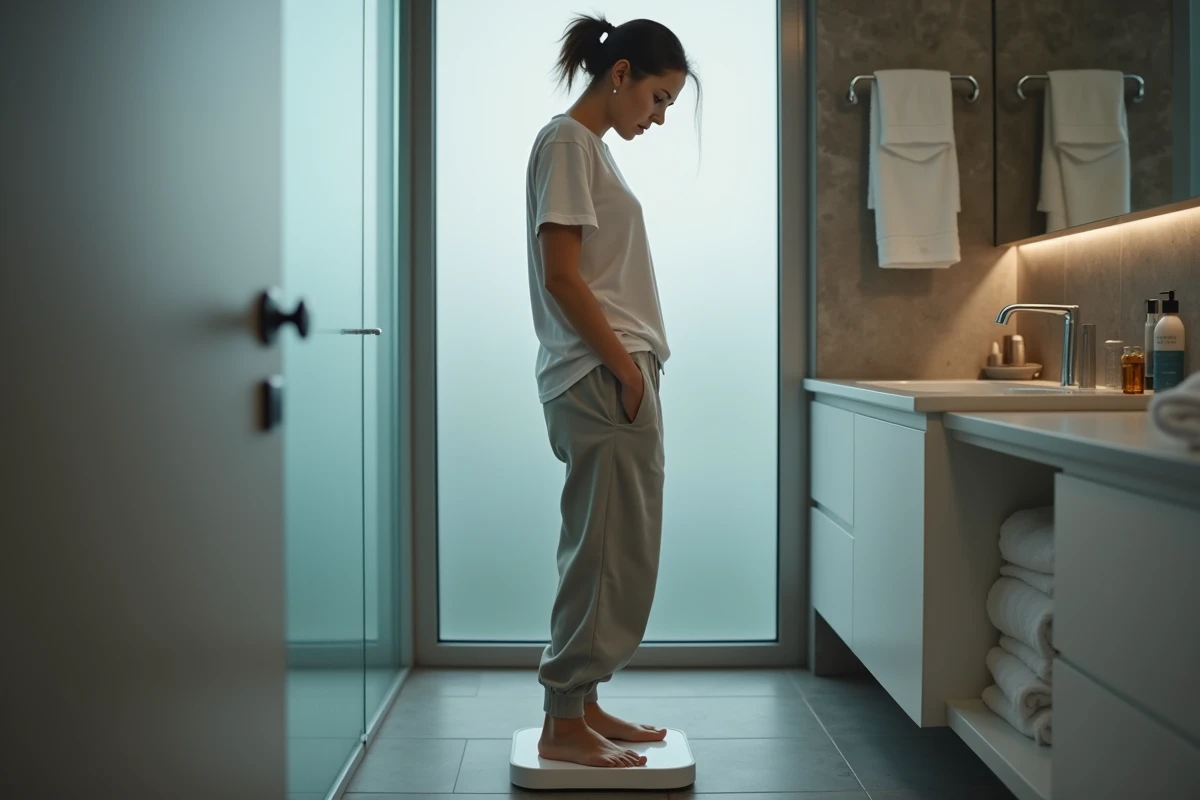 Femme sur une balance dans une salle de bain, illustrant le lien entre poids corporel et kystes ovariens