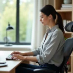 Femme en télétravail ajustant un coussin lombaire sur un fauteuil ergonomique pour soulager la sciatique à son bureau à domicile