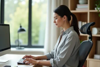 Femme en télétravail ajustant un coussin lombaire sur un fauteuil ergonomique pour soulager la sciatique à son bureau à domicile