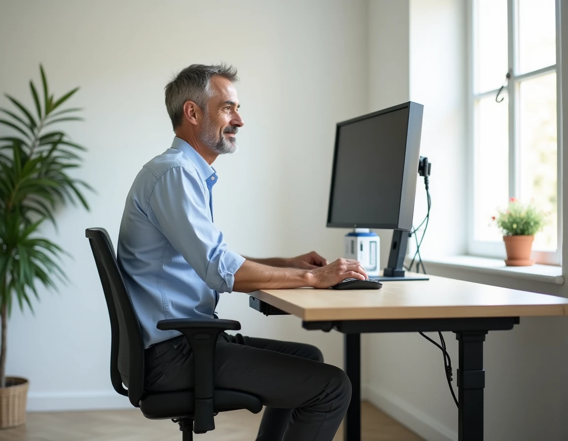 Homme en télétravail adoptant une posture ergonomique assise correcte pour prévenir et soulager la douleur sciatique à domicile