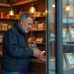 Un homme d'âge mûr examine un paquet de cigarettes au comptoir d'un bureau de tabac au Luxembourg, avec les prix affichés bien visibles
