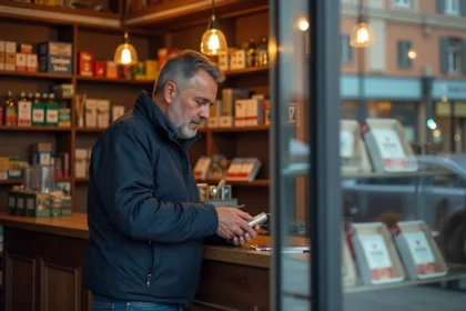 Un homme d'âge mûr examine un paquet de cigarettes au comptoir d'un bureau de tabac au Luxembourg, avec les prix affichés bien visibles