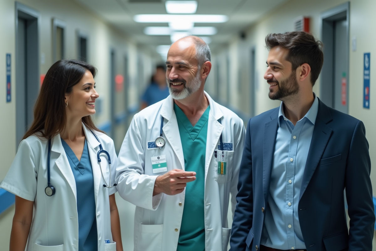 Trois professionnels de santé dans un couloir d