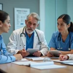 Professionnels de santé en réunion dans un hôpital moderne