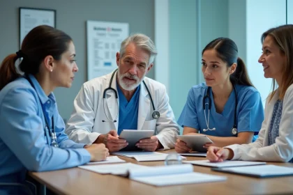 Professionnels de santé en réunion dans un hôpital moderne