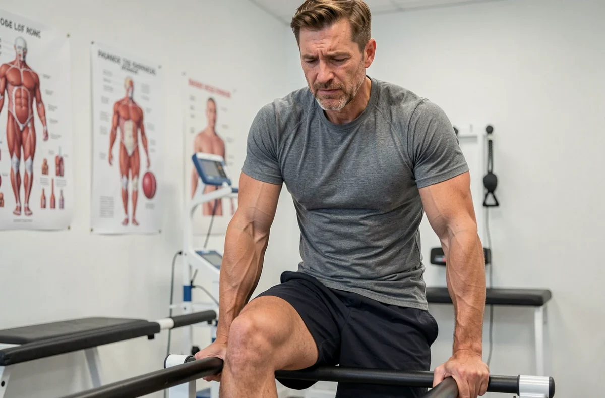 Homme en rééducation musculaire dans une clinique de physiothérapie après une perte de poids rapide