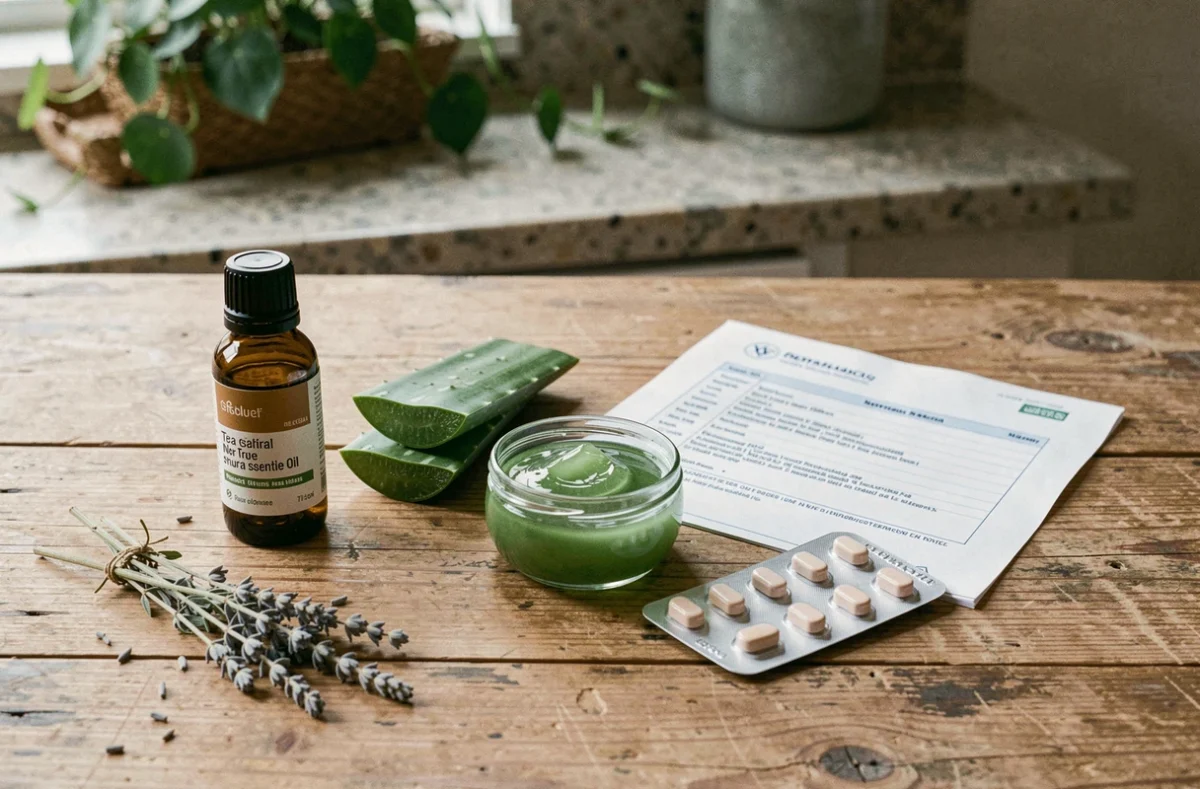 Comparaison de remèdes naturels et médicaments posés sur une table en bois pour traiter le cuir chevelu