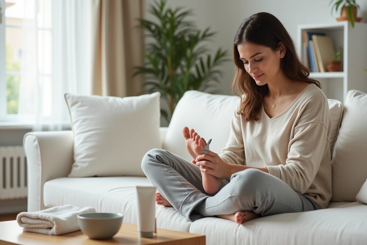 Femme exfoliant ses pieds avec une râpe à corne sur un canapé blanc lors d'une routine beauté à domicile