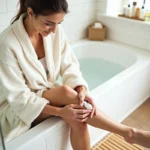 Femme appliquant une crème hydratante sur ses talons secs et crevassés au bord d'une baignoire
