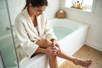 Femme appliquant une crème hydratante sur ses talons secs et crevassés au bord d'une baignoire
