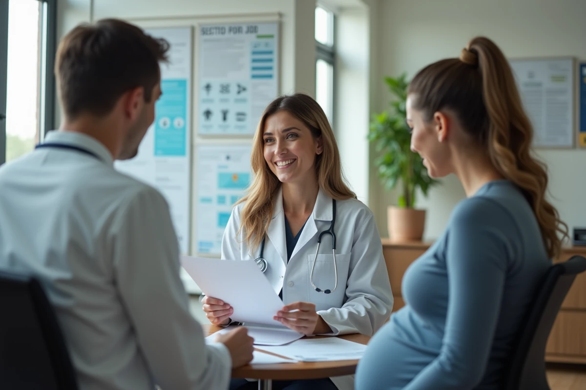 Sage-femme expliquant des documents à une patiente enceinte