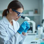 Scientifique en blouse blanche examinant une perle de céramique en laboratoire