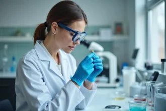 Scientifique en blouse blanche examinant une perle de céramique en laboratoire