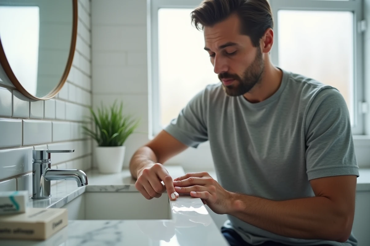 Personne appliquant un pansement stérile sur un ongle arraché dans une salle de bain, trousse de premiers secours ouverte