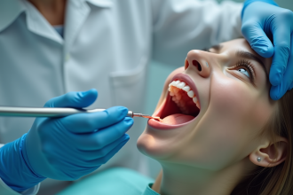 Dentiste effectuant un nettoyage dentaire en clinique lumineuse