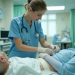 Infirmière appliquant un pansement stérile sur une escarre sacrée chez un patient âgé en milieu hospitalier