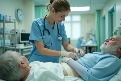 Infirmière appliquant un pansement stérile sur une escarre sacrée chez un patient âgé en milieu hospitalier