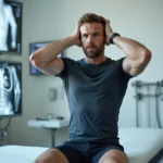 Sportif assis sur une table d'examen médical tenant sa tête entre ses mains avec une IRM visible en arrière-plan sur un négatoscope