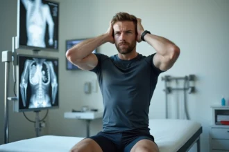 Sportif assis sur une table d'examen médical tenant sa tête entre ses mains avec une IRM visible en arrière-plan sur un négatoscope
