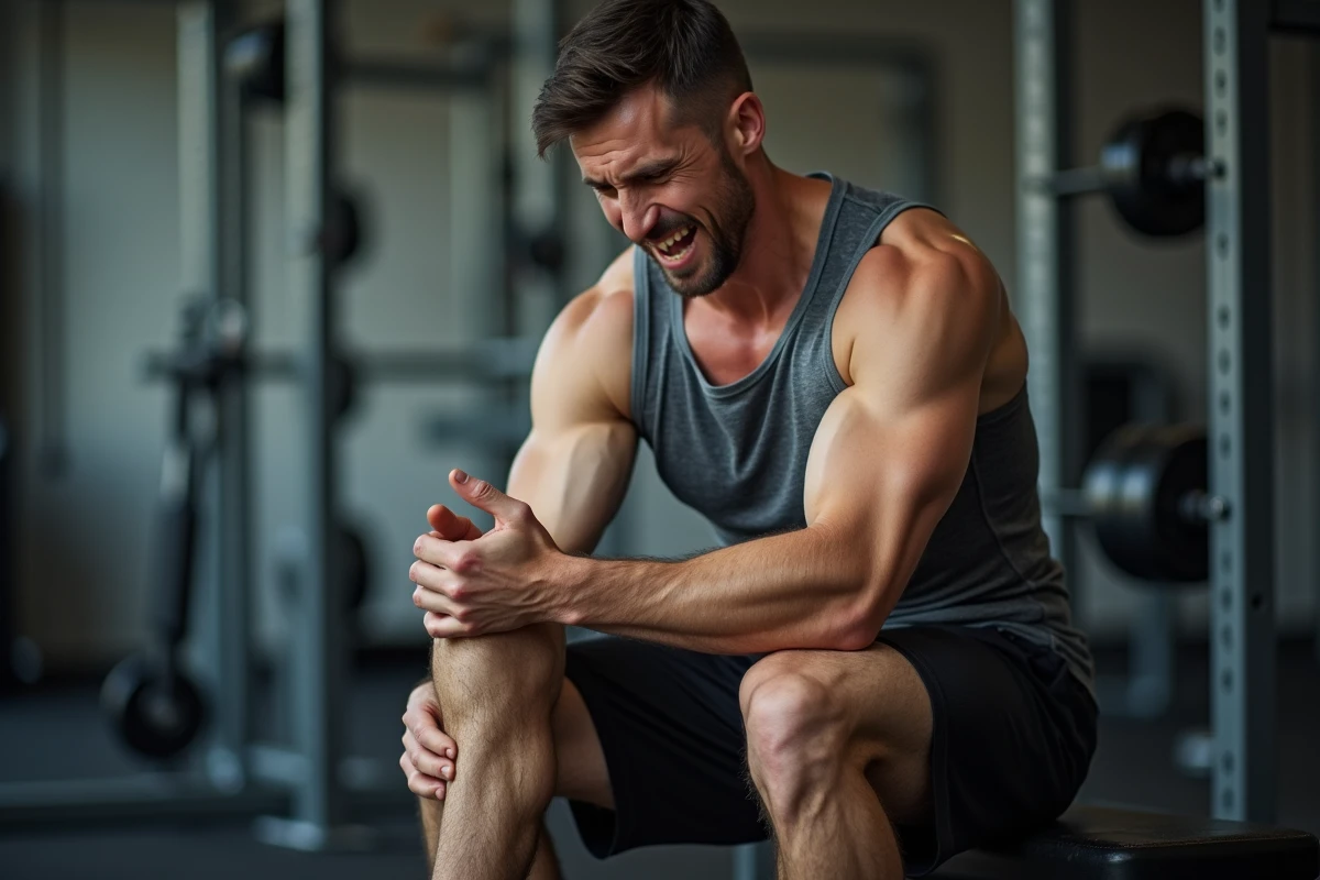 Sportif en salle de sport agrippant son mollet en raison d'un spasme musculaire involontaire pendant l'entraînement