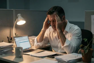 Homme stressé au bureau tard le soir, les mains sur les tempes, entouré de papiers et d'un ordinateur portable, illustrant le stress chronique lié à une élévation des enzymes hépatiques comme la GGT