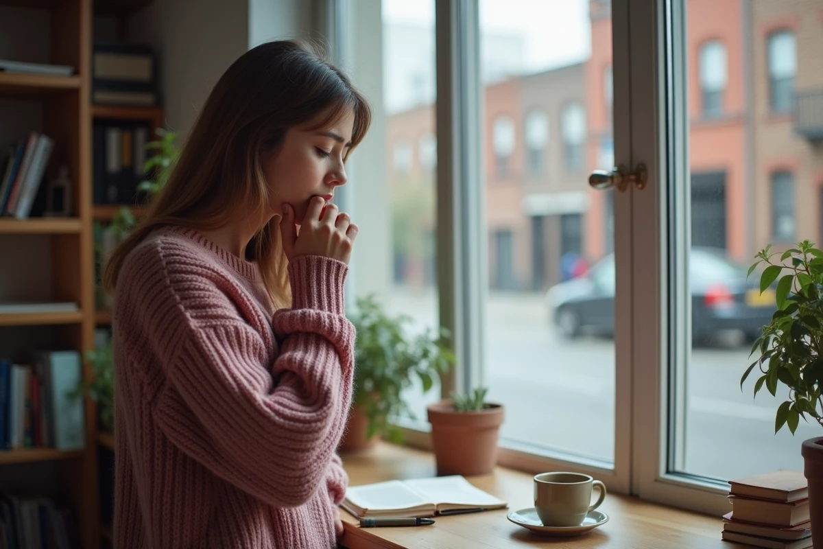 Jeune femme pensive tenant sa mâchoire, évoquant le lien entre stress émotionnel et blocage de la mâchoire