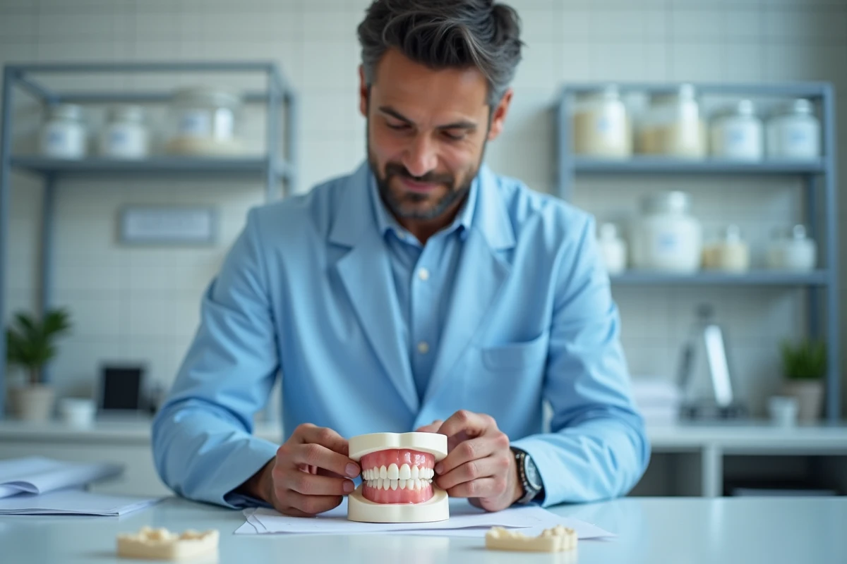 Technicien dentaire examinant un moule en laboratoire