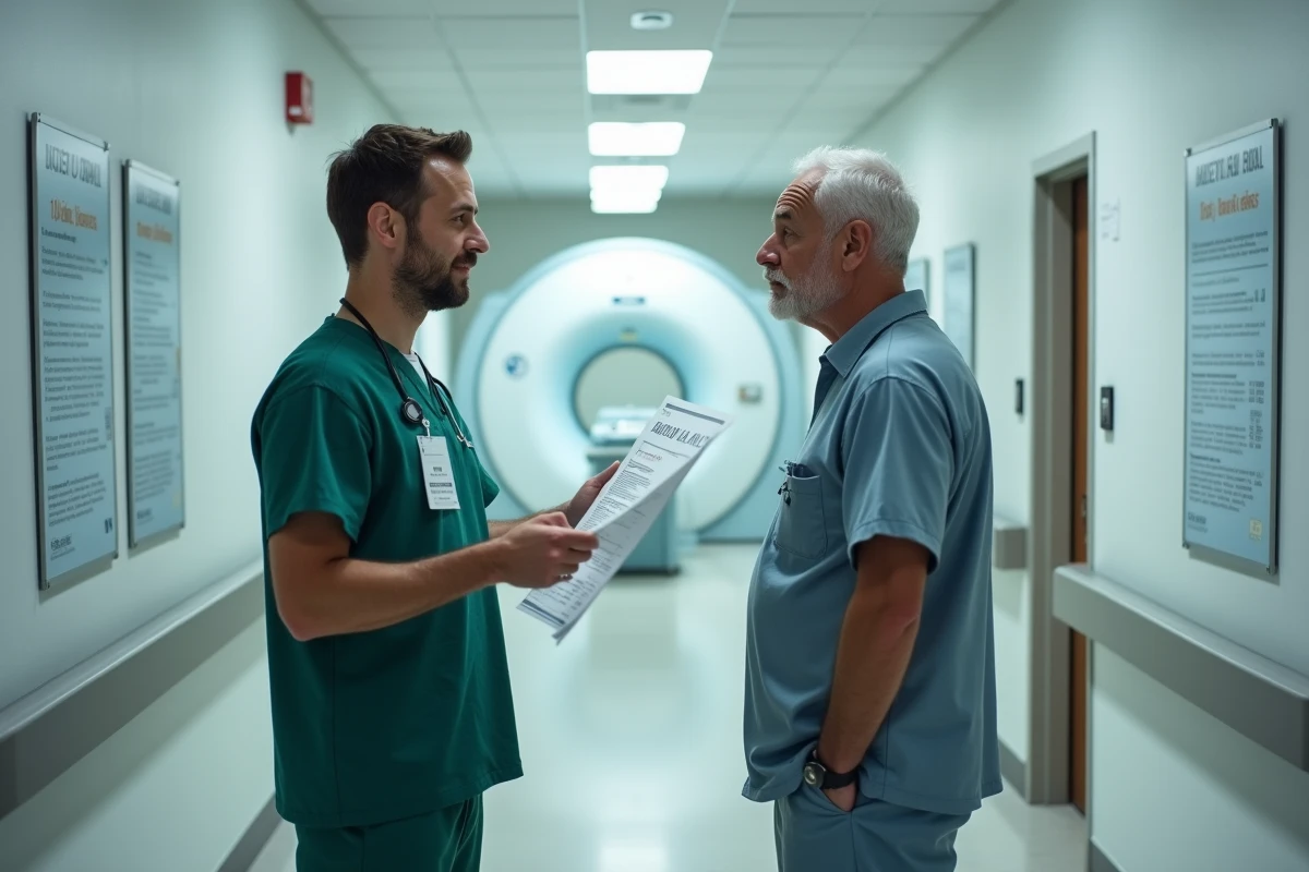 Technicien radiologue expliquant le prix d'un examen TEP-scan à un patient dans un couloir hospitalier