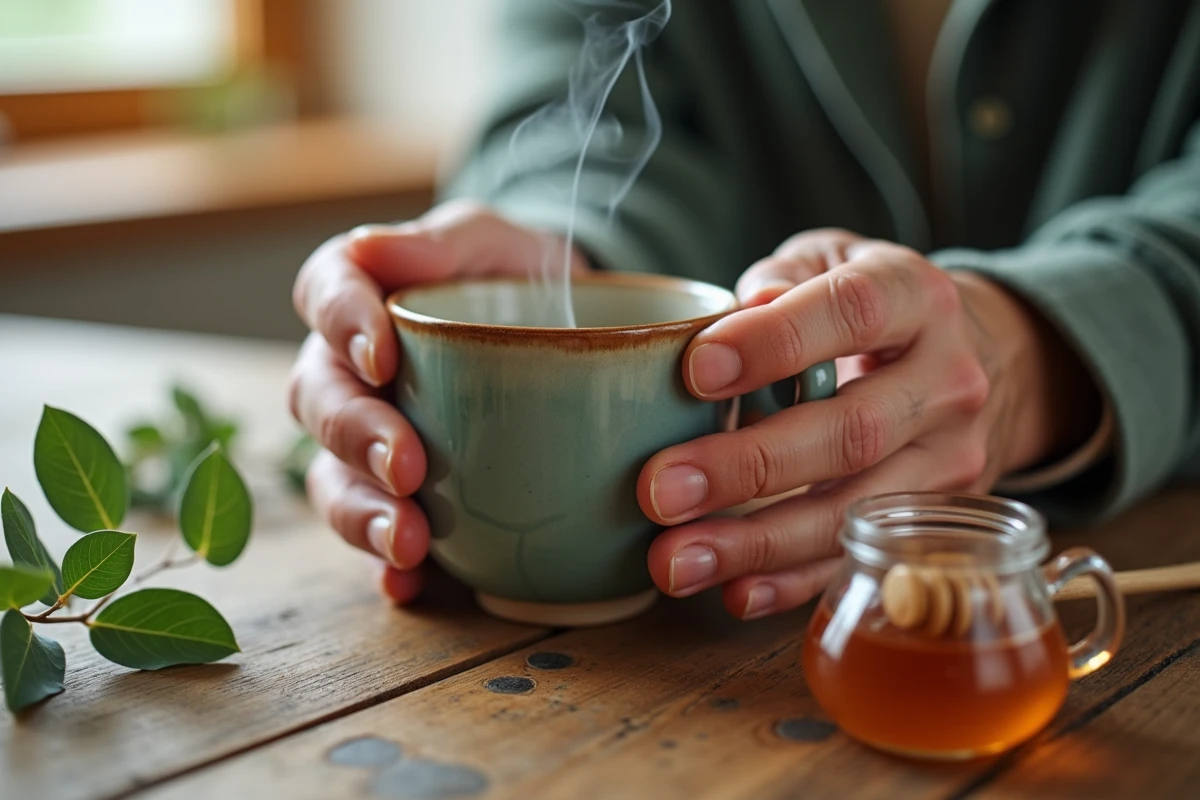 Mains tenant une tasse de tisane avec du miel et des feuilles d'eucalyptus pour apaiser les bronches des fumeurs et ex-fumeurs