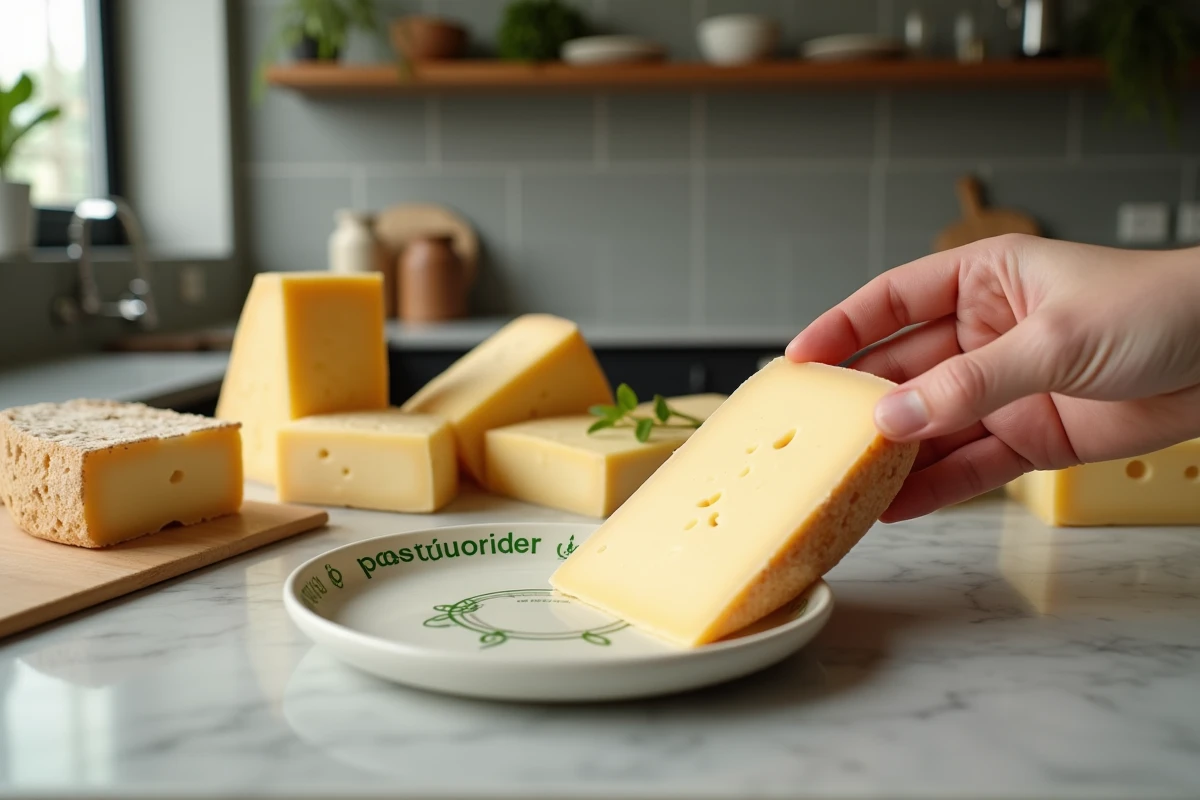 Gros plan sur une main tenant une tranche de fromage italien sur un plan de travail