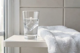 Verre d'eau froide et linge propre pour soigner une plaie dans la bouche